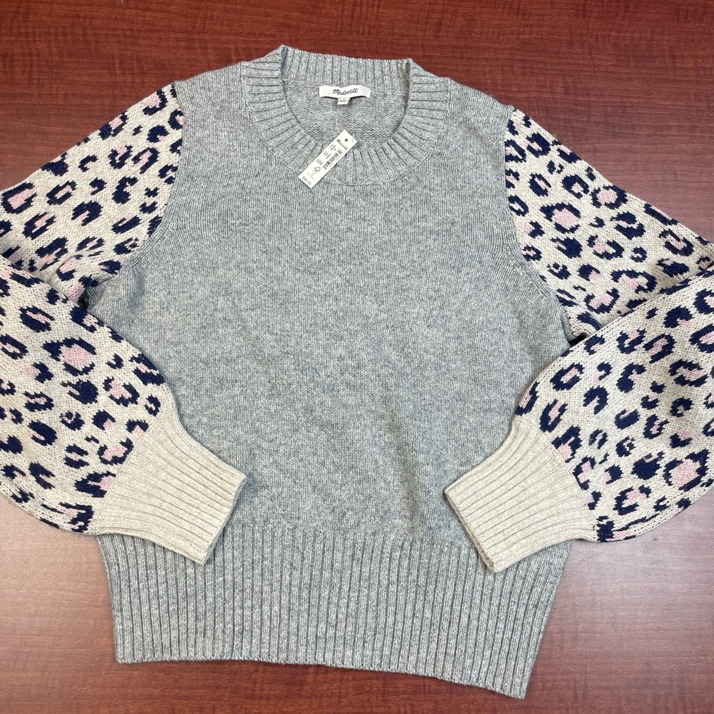 Madewell Leopard-Sleeve Tensley Pullover Sweater in Cotton-Merino Yarn |NWT |Med